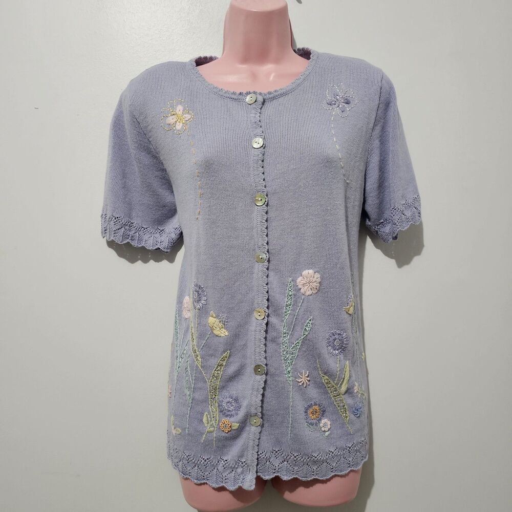 Alfred Dunner - Sweater Cardigan Button Embroidered Floral - Size S - Purple